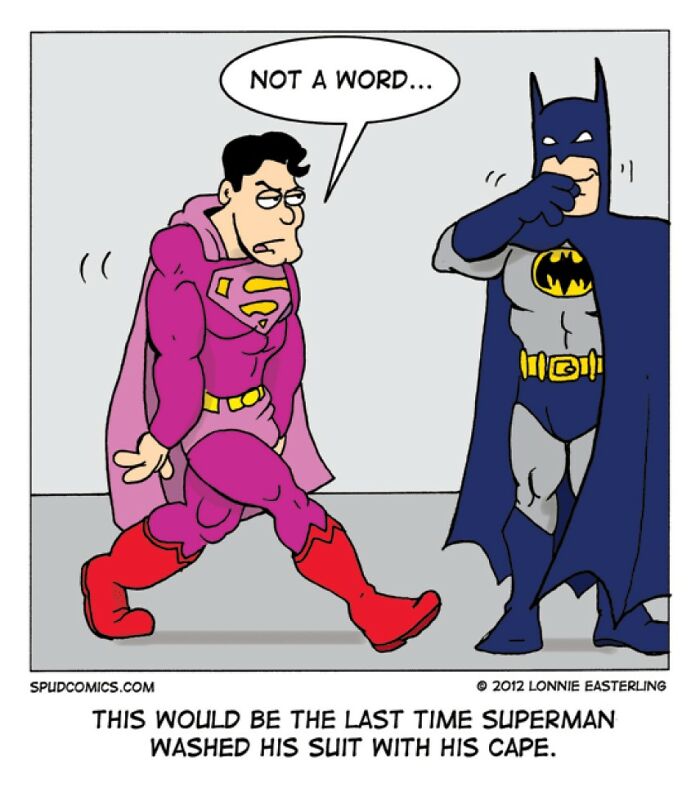 Superheroes off duty comic showing Superman in a pink suit and Batman laughing while holding his nose.