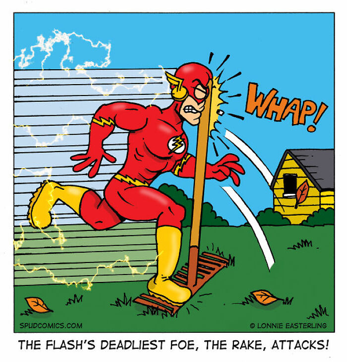 The Flash superhero accidentally running into a garden rake in a humorous off-duty moment comic panel.