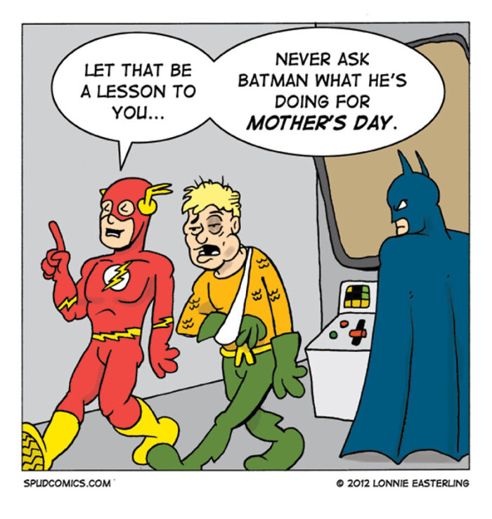 Comic panel showing superheroes off duty with Flash, Aquaman, and Batman, illustrating humorous superhero life moments.