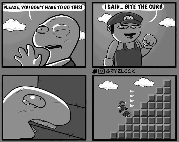 Black and white comic panels showing a weird and dark humorous scene inspired by video game and pop culture elements.