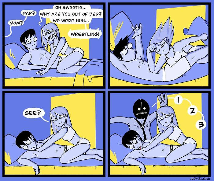 Comic strip with dark and weird humor showing a couple wrestling and a masked figure counting to three in a bedroom.