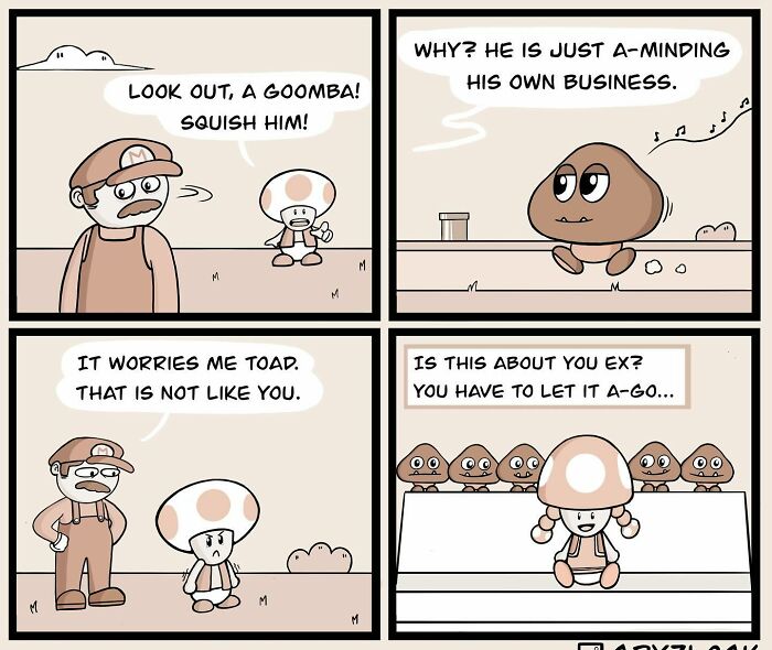 Comic strip featuring characters resembling Mario and Toad discussing a peaceful Goomba, blending funny, weird, and dark humor.