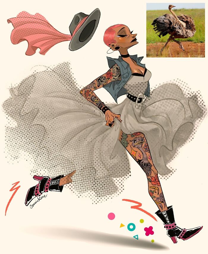 Playful portrait illustration by Connie Kang showing a tattooed woman dancing with quirky animal-inspired designs.