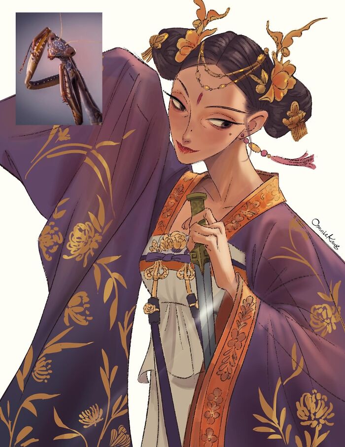 Illustration of a woman in traditional attire inspired by the quirky side of animals, featuring a praying mantis detail.