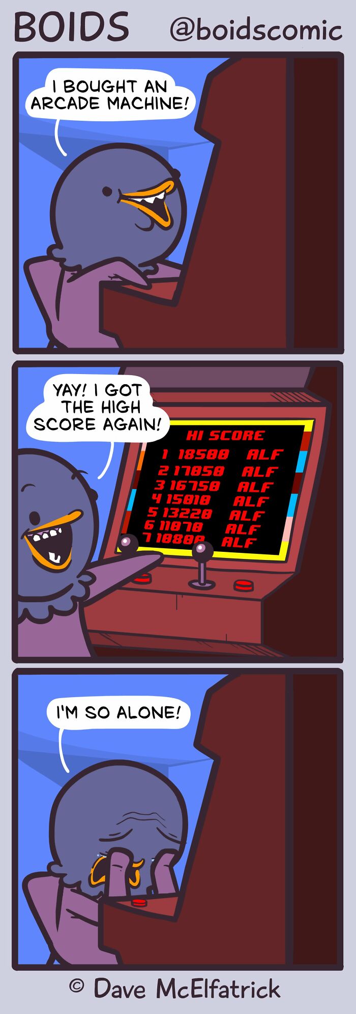 Cartoon character plays arcade machine alone, highlighting humor and absurdity in daily life by cartoonist Dave McElfatrick.