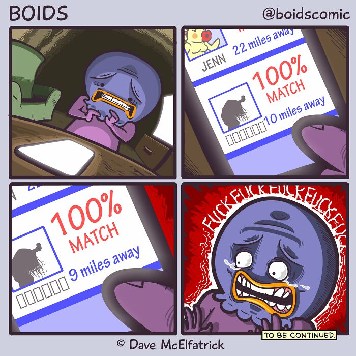 Cartoon by Dave McElfatrick showing a stressed character reacting to dating app matches with intense emotion.