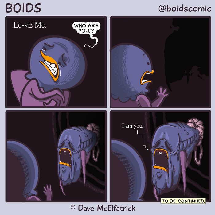 Cartoon by Dave McElfatrick showing a surreal, bold comic strip with absurd, dark humor and exaggerated characters.