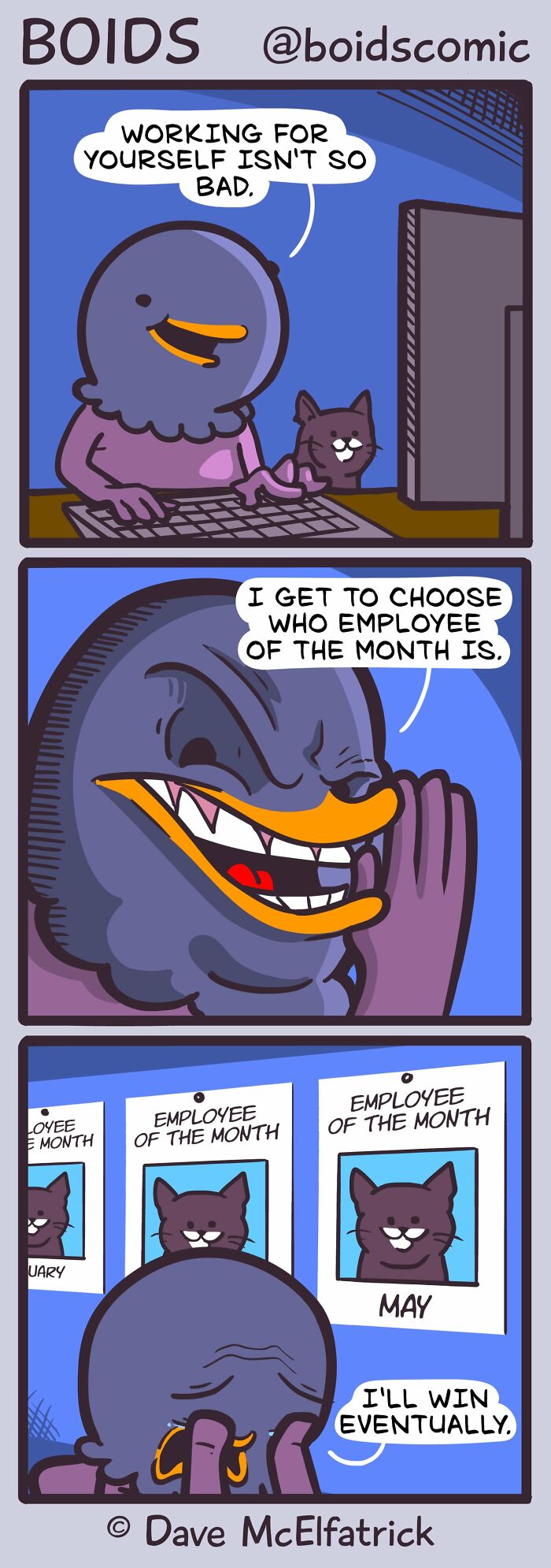 Cartoon by Dave McElfatrick shows a bird working from home with cats as employee of the month in a humorous comic strip.
