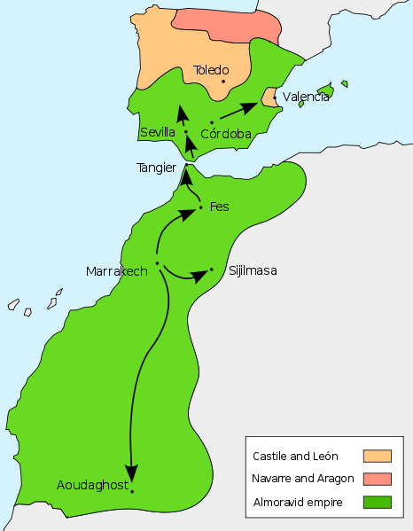 "Moors" (NB . . . "not distinct or self-defined people"; "The term 'Moors' has no real ethnological value.")&mdash;The Almoravides dynasty, c. 1100 CE. At the dynasty's greatest expanse of control a succession of Moroccan-based states strongly affected culture from modern Senegal to the Iberian Peninsula."