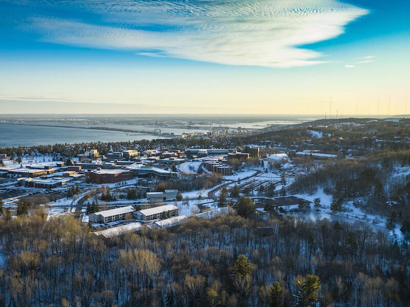 A drone shot of the UMD campus at sunrise