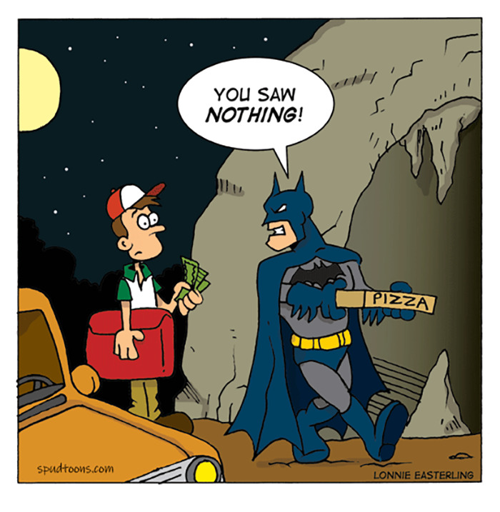 Cartoon of a superhero off duty, holding a pizza box and warning a delivery person to say nothing.